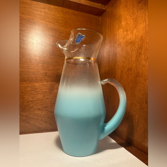 VTG West Virginia Glass Turquoise Blue Frosted Blendo Pitcher Gold Band 9.25" - Picture 1 of 6